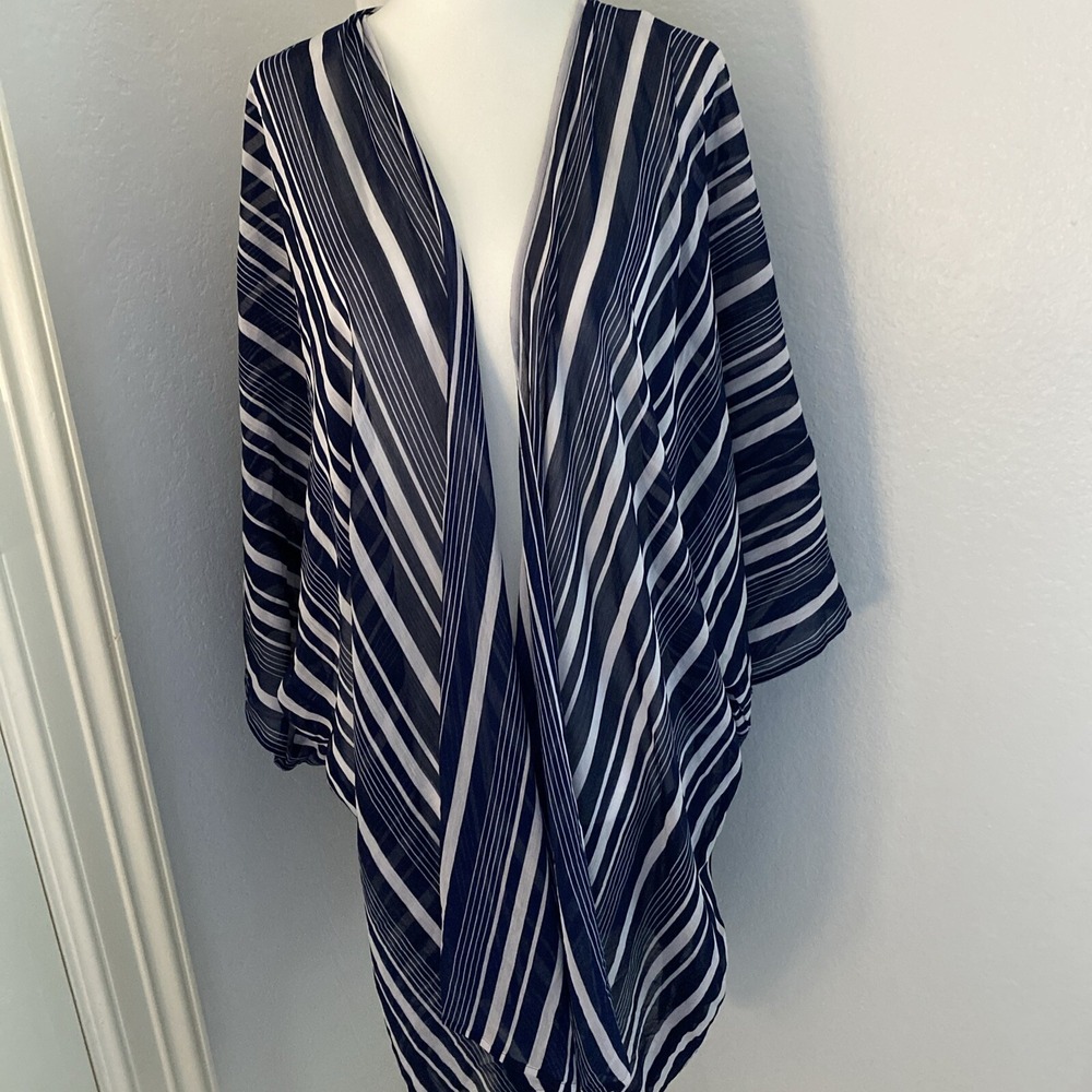 Aerie Women One Size Cape Chiffon Cover up Kimono Top Sheer Navy White Striped